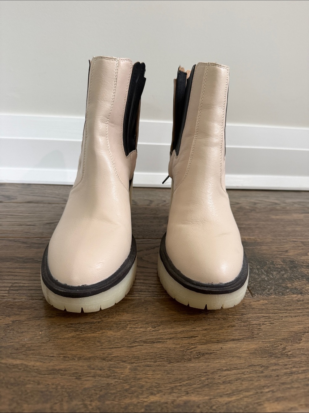 Women's Cream Leather Chelsea Heeled Boots with Black Elastic Panels - Picture 4 of 7